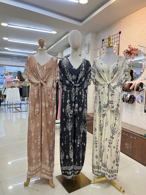 Cotton V-Neck Short Sleeves Front Tie Maxi Dress